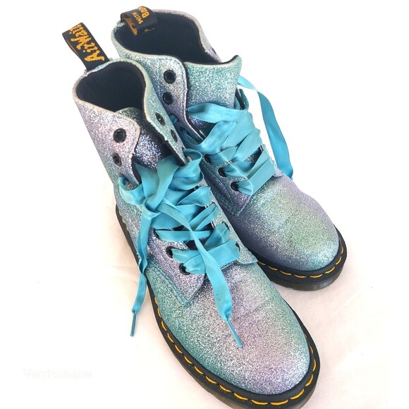 DR. MARTENS Pascal 8-Eye Boots Fine Blue Glitter Combat Ribbon Laces Sz7 New - Picture 1 of 10